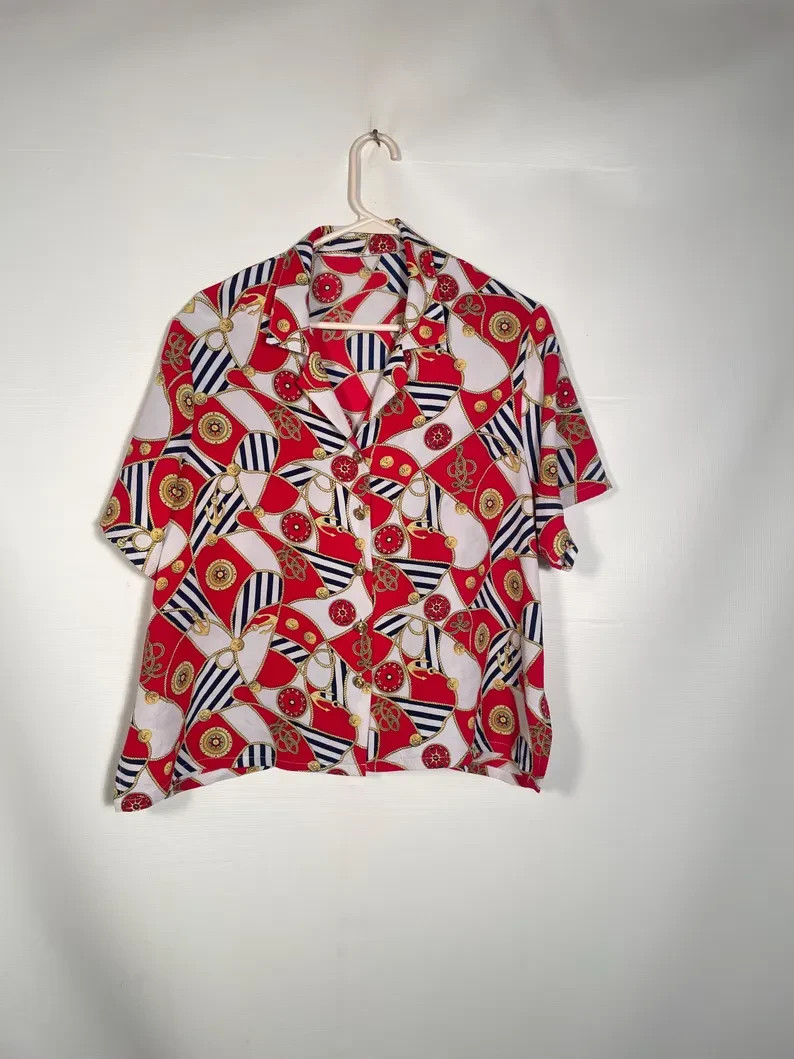 Vintage 80s/90s Plus Size Nautical Rope And Anchor Print Blouse Size XL/2XL
