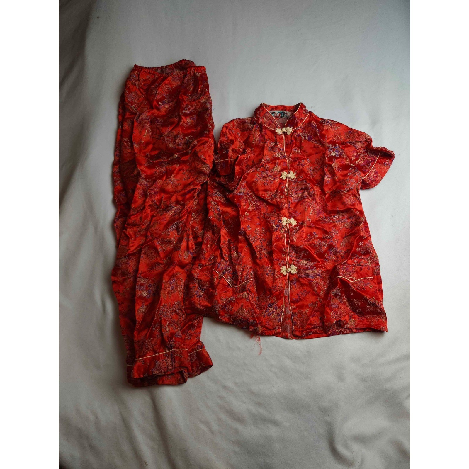 Vintage Red Chinese Dragon Jacquard Silk Satin Pajama Set Frog Button Size 12