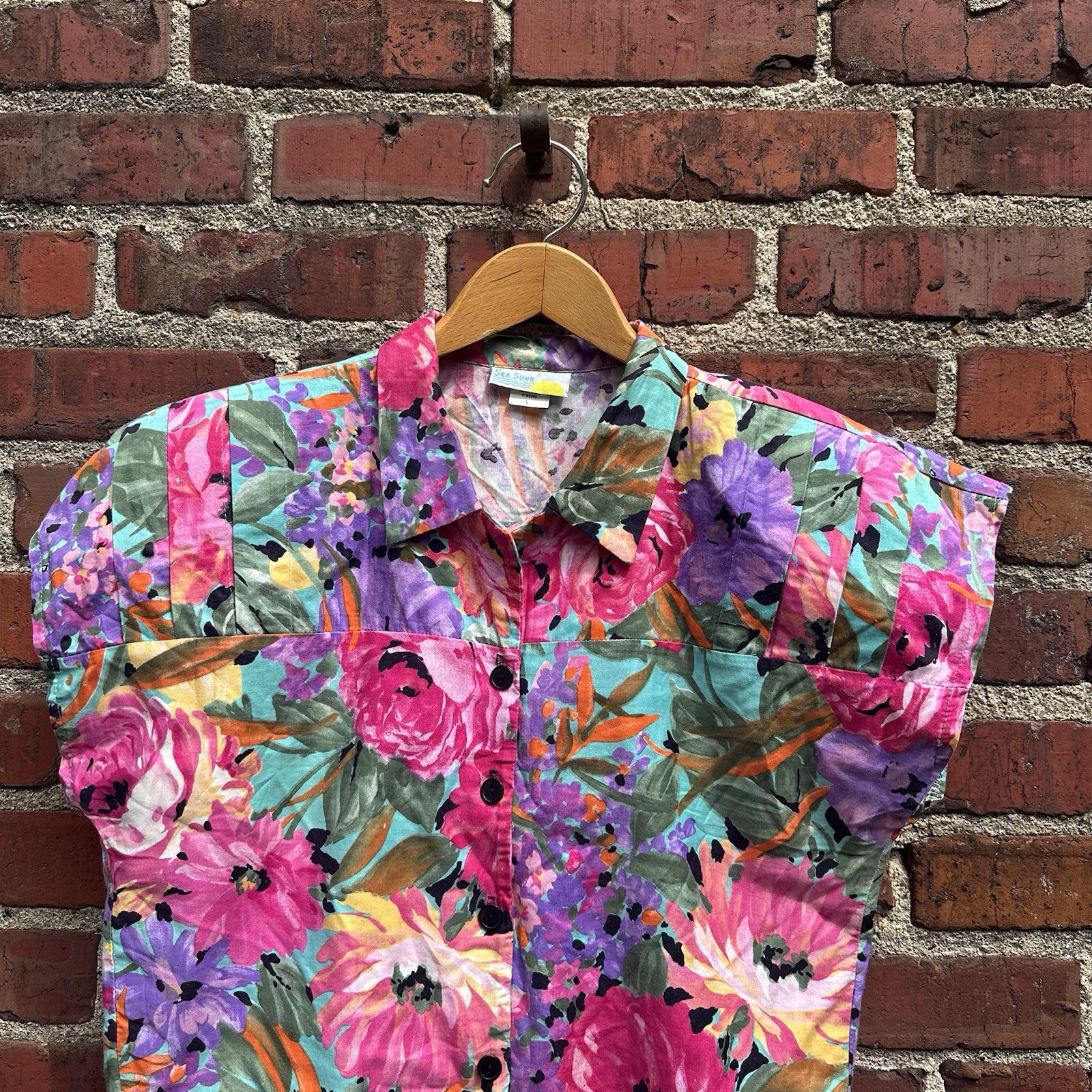 Vintage Sea Suns Vibrant Floral Watercolor Blouse Tie Waist Shoulder Pads 80s