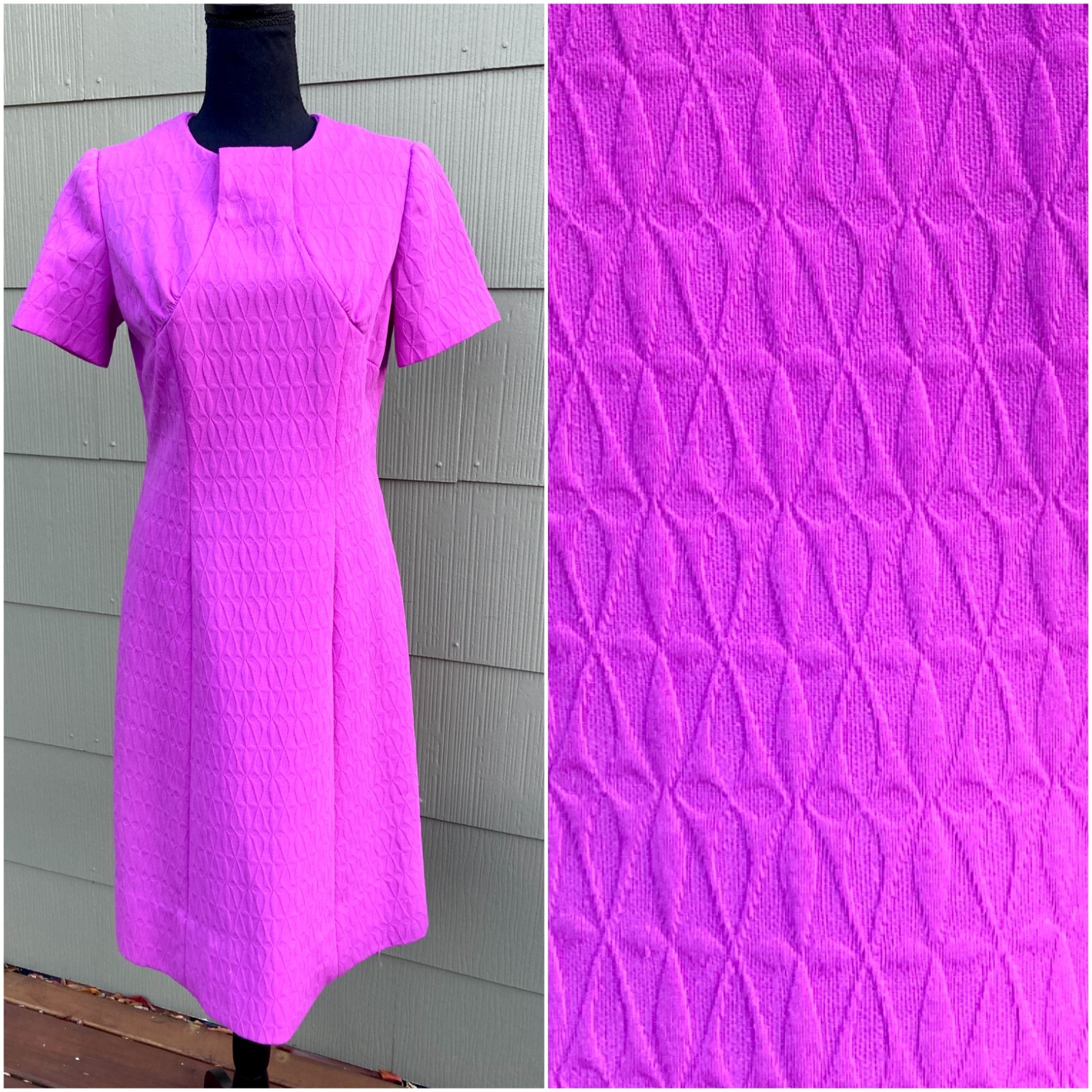 vtg 60s Handmade Mod Purple Textured Short Sleeve Sheath Shift Midi Dress