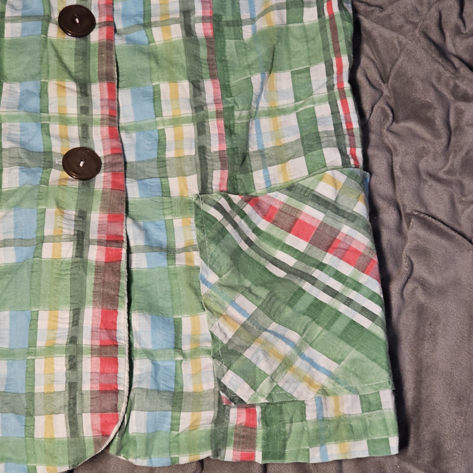 VTG Sears Fashions Shortsleeve Blouse Plaid Pastel Green Collared Cotton 70s 14