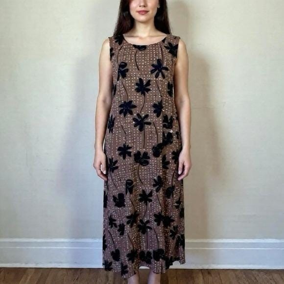 vintage 90s rayon gauze maxi dress abstract polka dot floral art print boho