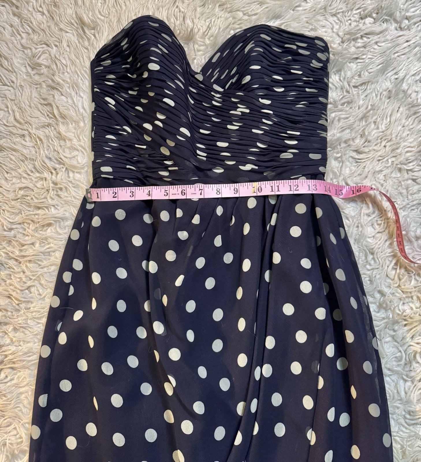 Vtg Kathryn Conover Polka Dot Navy Blue Strapless Bustier Silk Dress Ruched S M