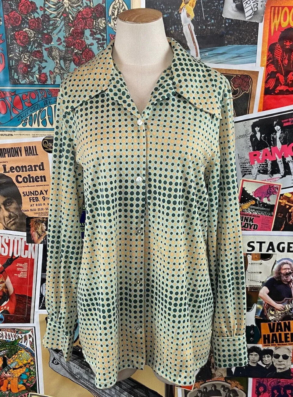 Vtg 60s-70s Mod Polka Dot Print V-Neck Long Sleeve Disco Blouse Women M/L Retro