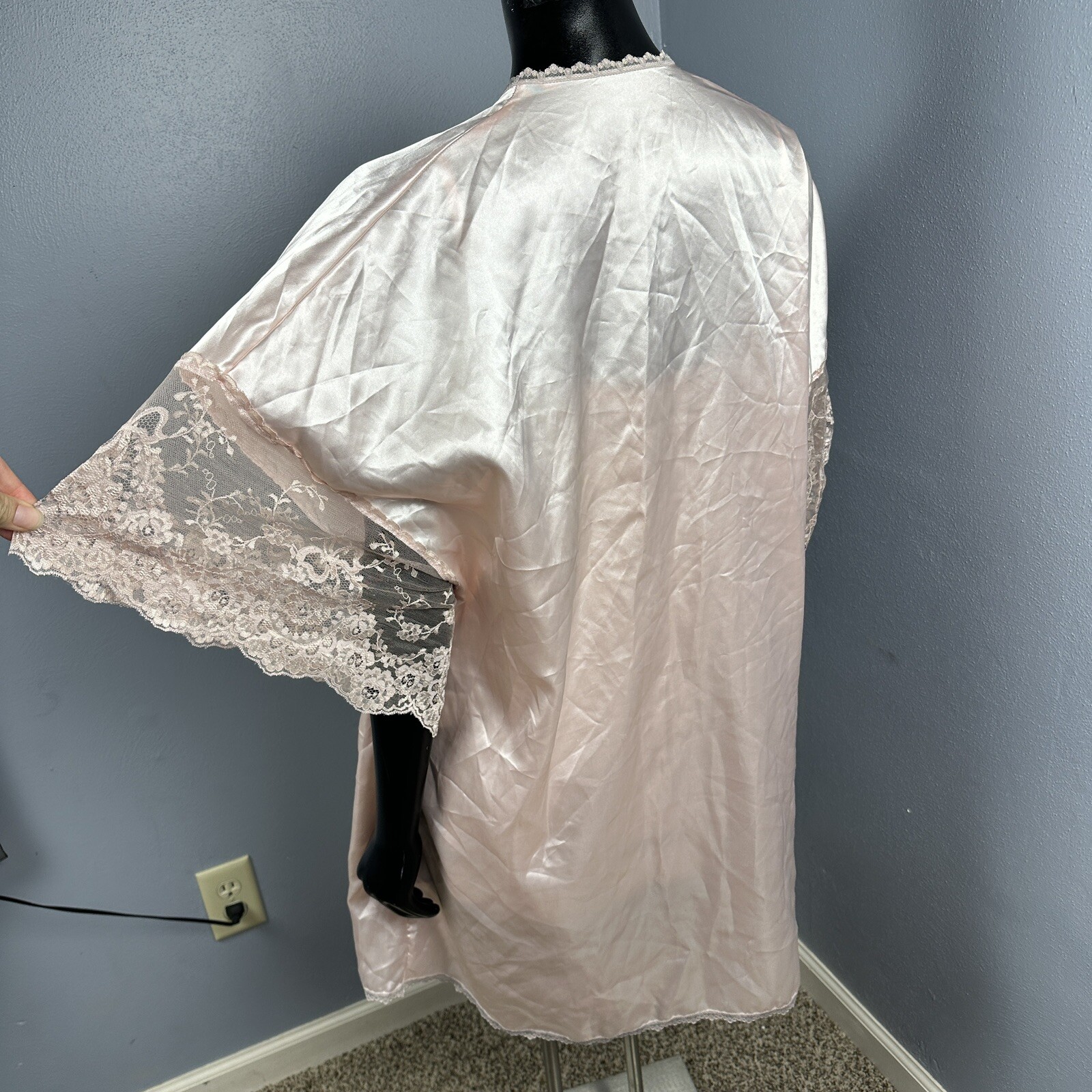 Vtg Lady Cameo Robe & Chemise Nighty Slip Dress Silky Pink Mauve Lace Set Sz L