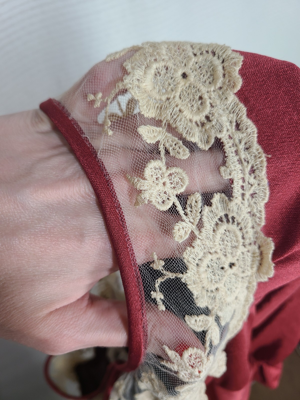 Vintage 1970s Long Dress 14 L Burgundy Liquid Knit Lace Mesh Bust Poly Union Tag