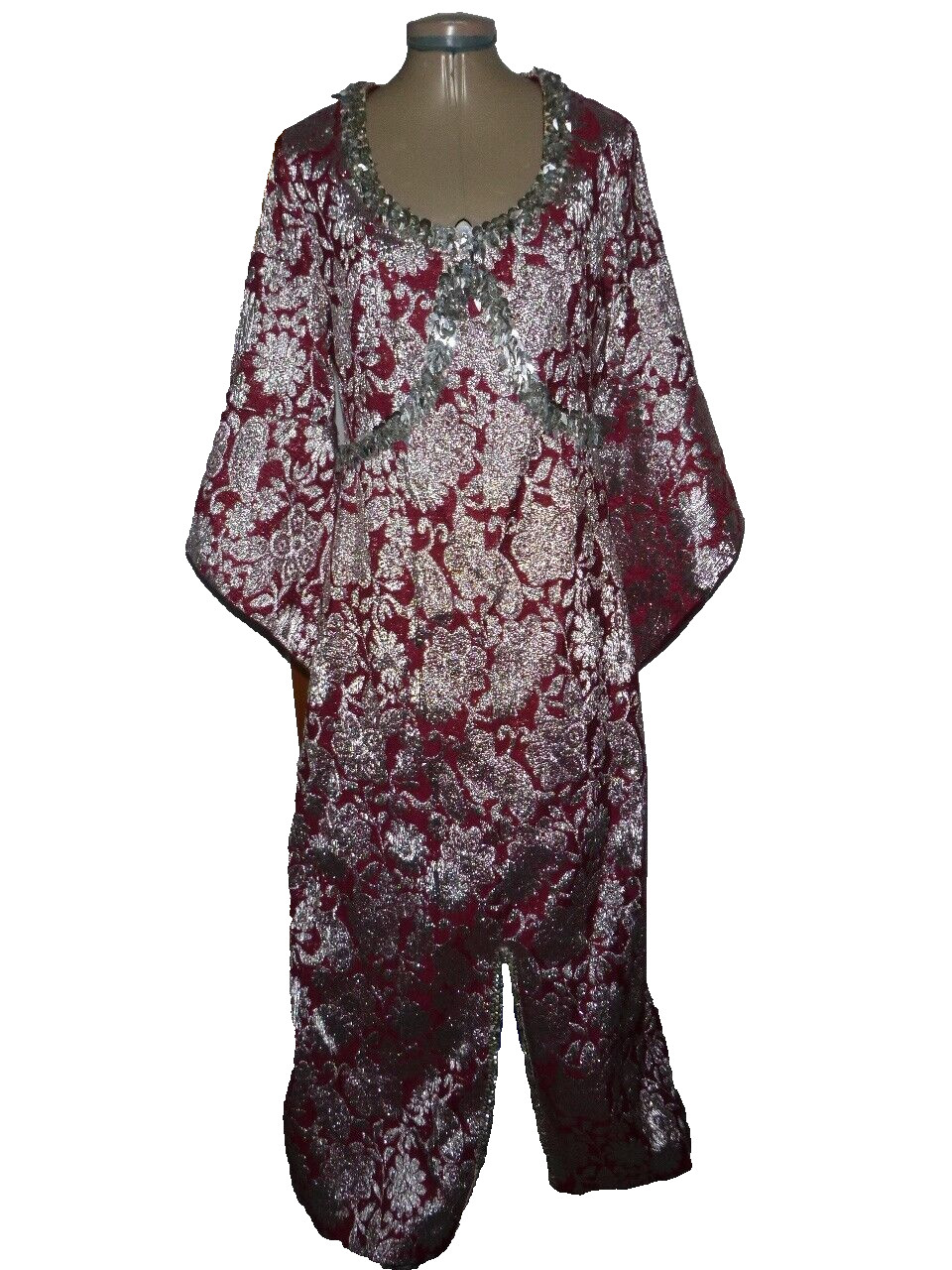 Vintage 60’s Silver Metallic/Burgundy Jacquard Diva Maxi Dress L