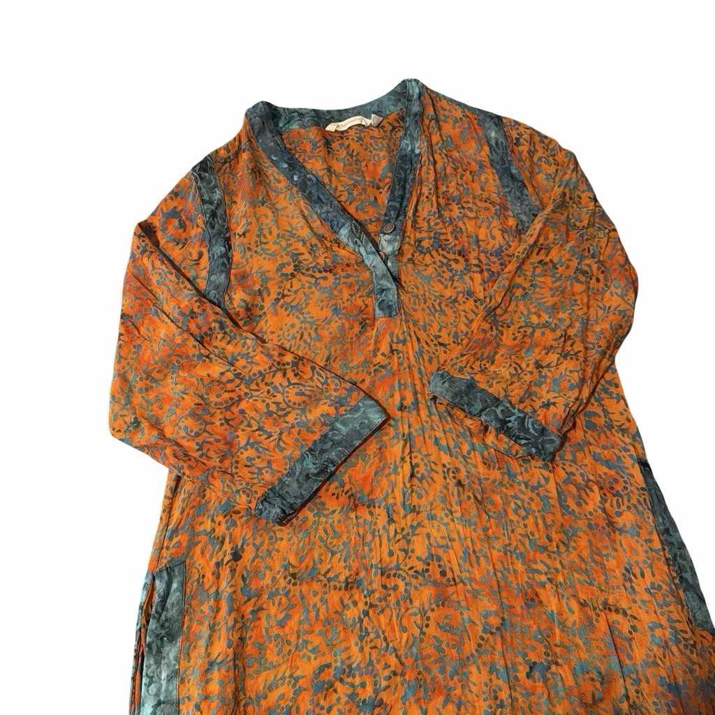 Soft Surroundings V Neck Bohemian Batik Caftan Spice Tone & Teal Dress S