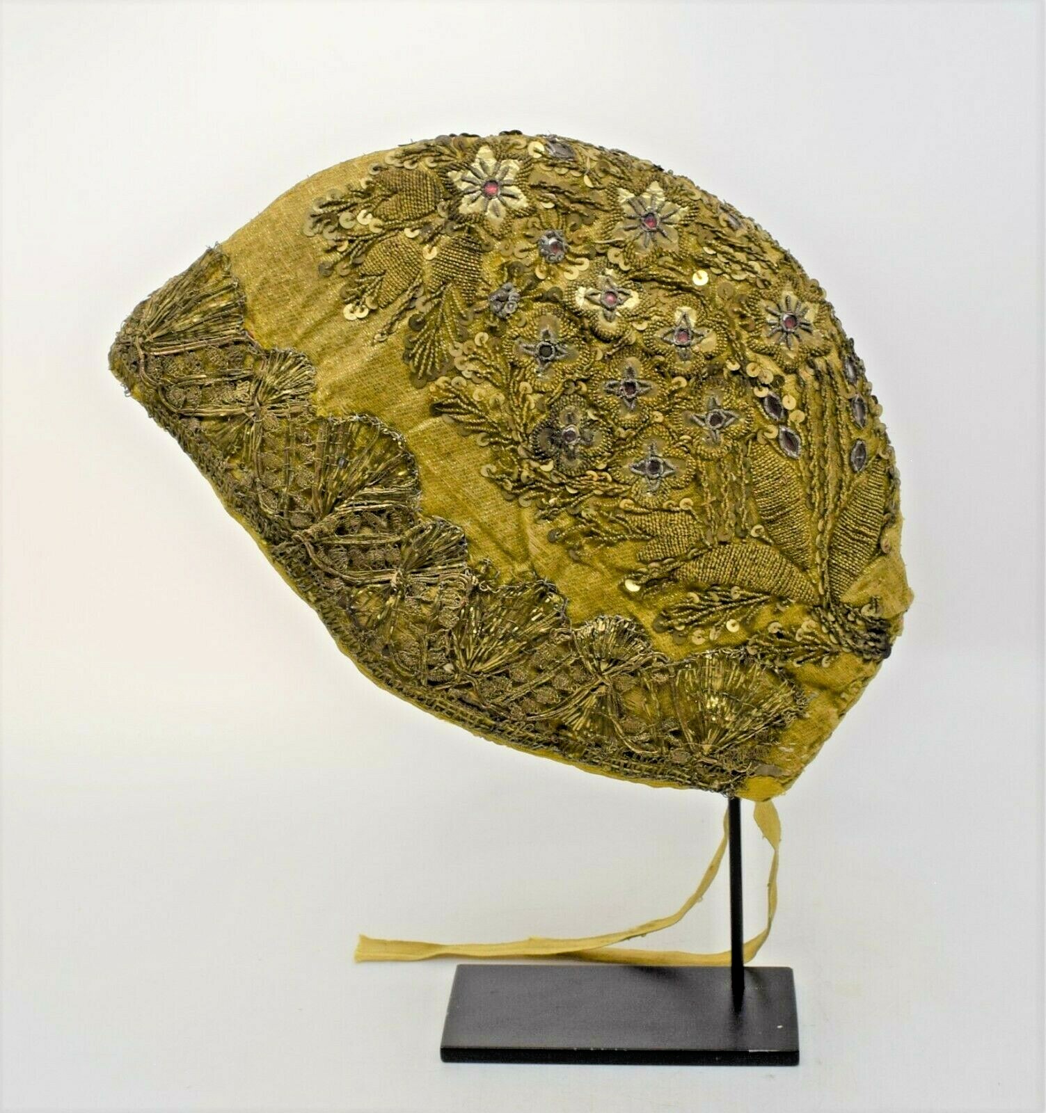 Antique 18th Century Fine Woman’s Hat Coif Gold Floral Designs European Beaded