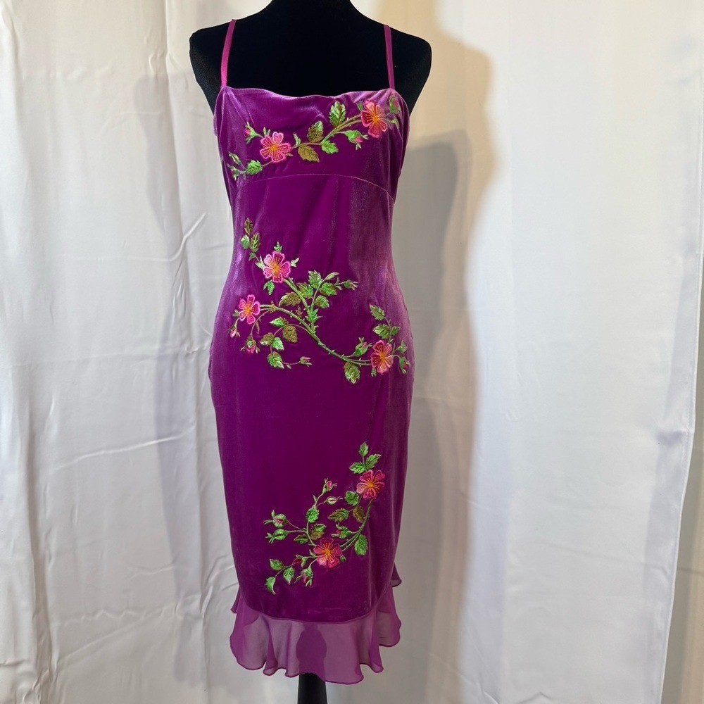 VTG Betsey Johnson New York M Fuchsia Embroidered Velvet Midi Dress 90s Grunge