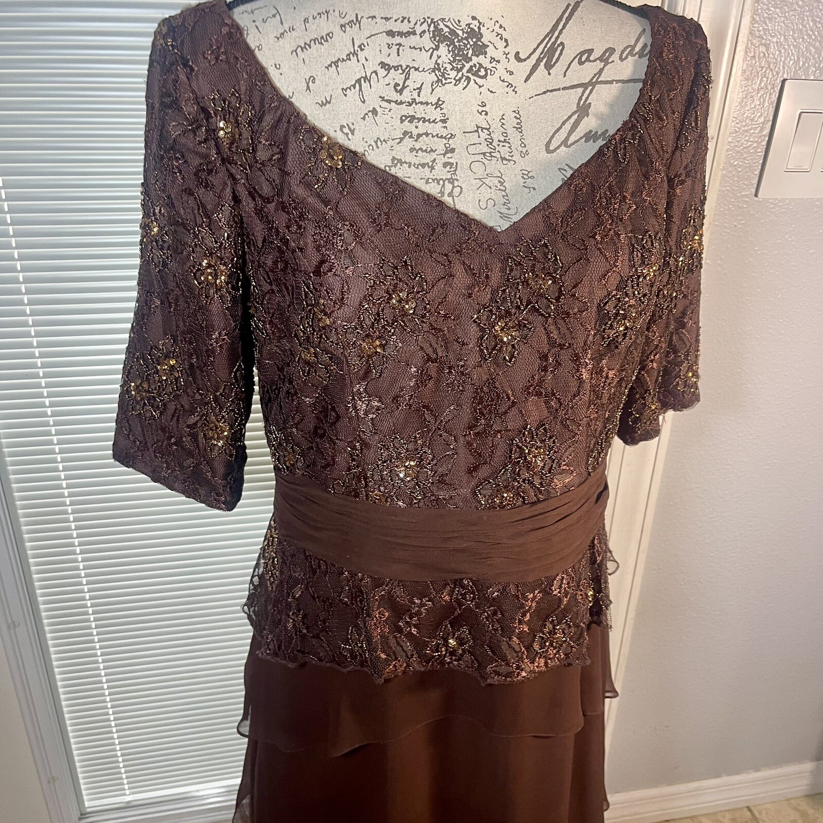 Camila Elbaz Vtg Mother Of The Bride Lace Sequin Ruffled Tier Spain Silk Dress