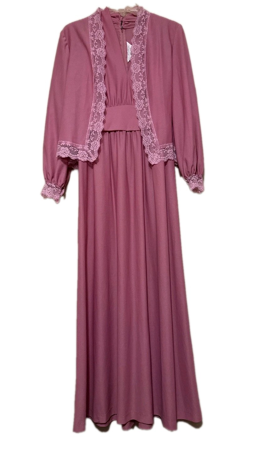 Vtg 70s JCPenney Prairie Dress Pink Lace Boho Romantic Cottagecore 14