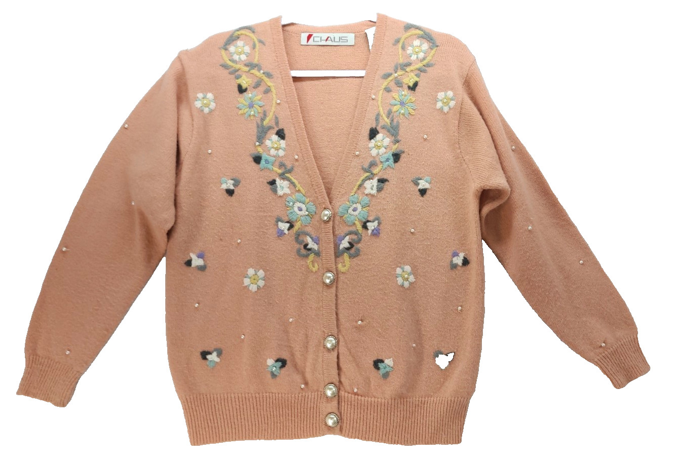 80s Vtg Chaus Beaded Sweater Embroidered Pearls Small Cottagecore Grannycore