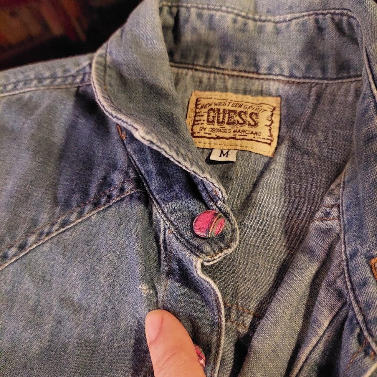 Vintage Guess western style 100 cotton denim button up with plaid fabric buttons