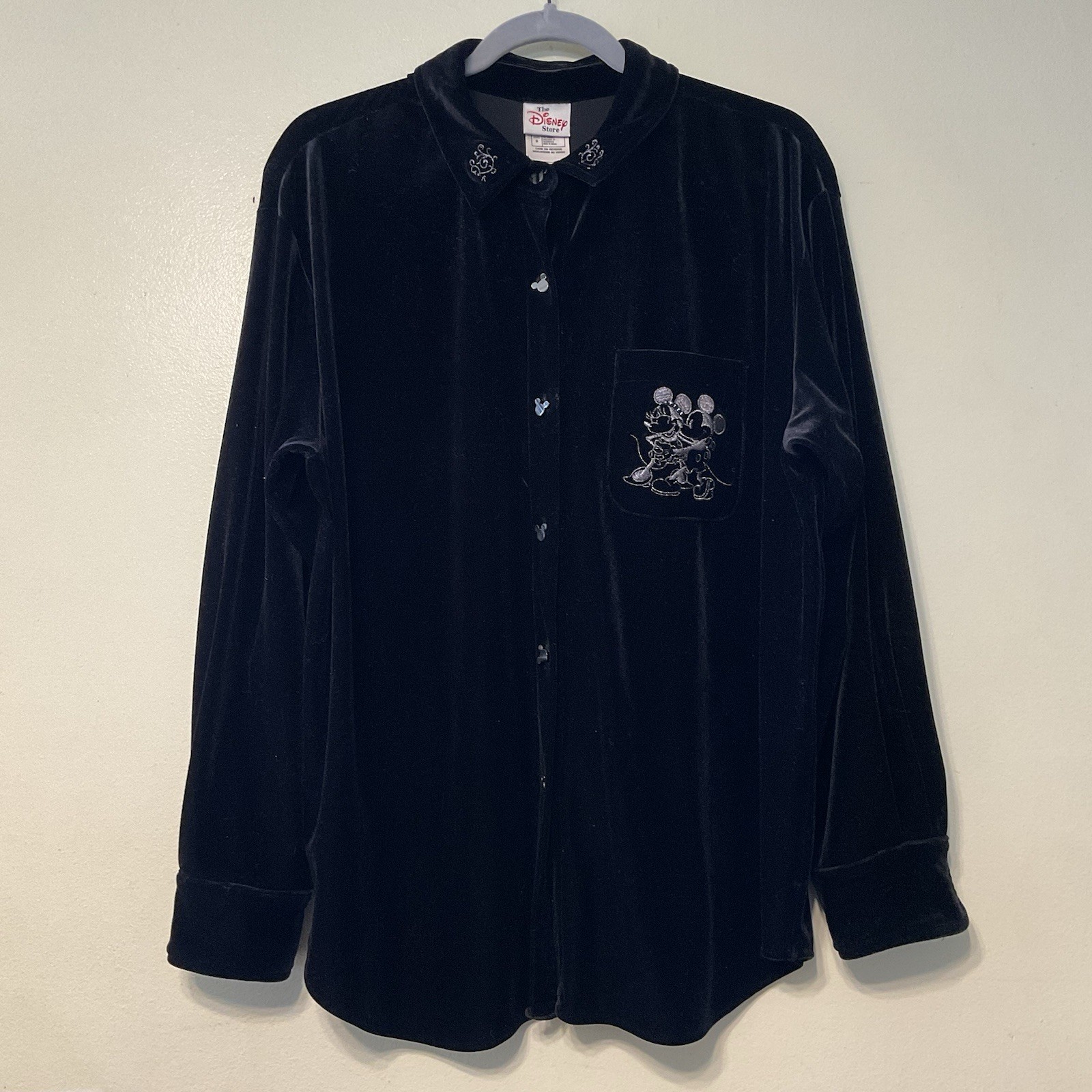The Disney Store VTG Black Velour Button Down Mickey + Minnie Oversized Jacket S
