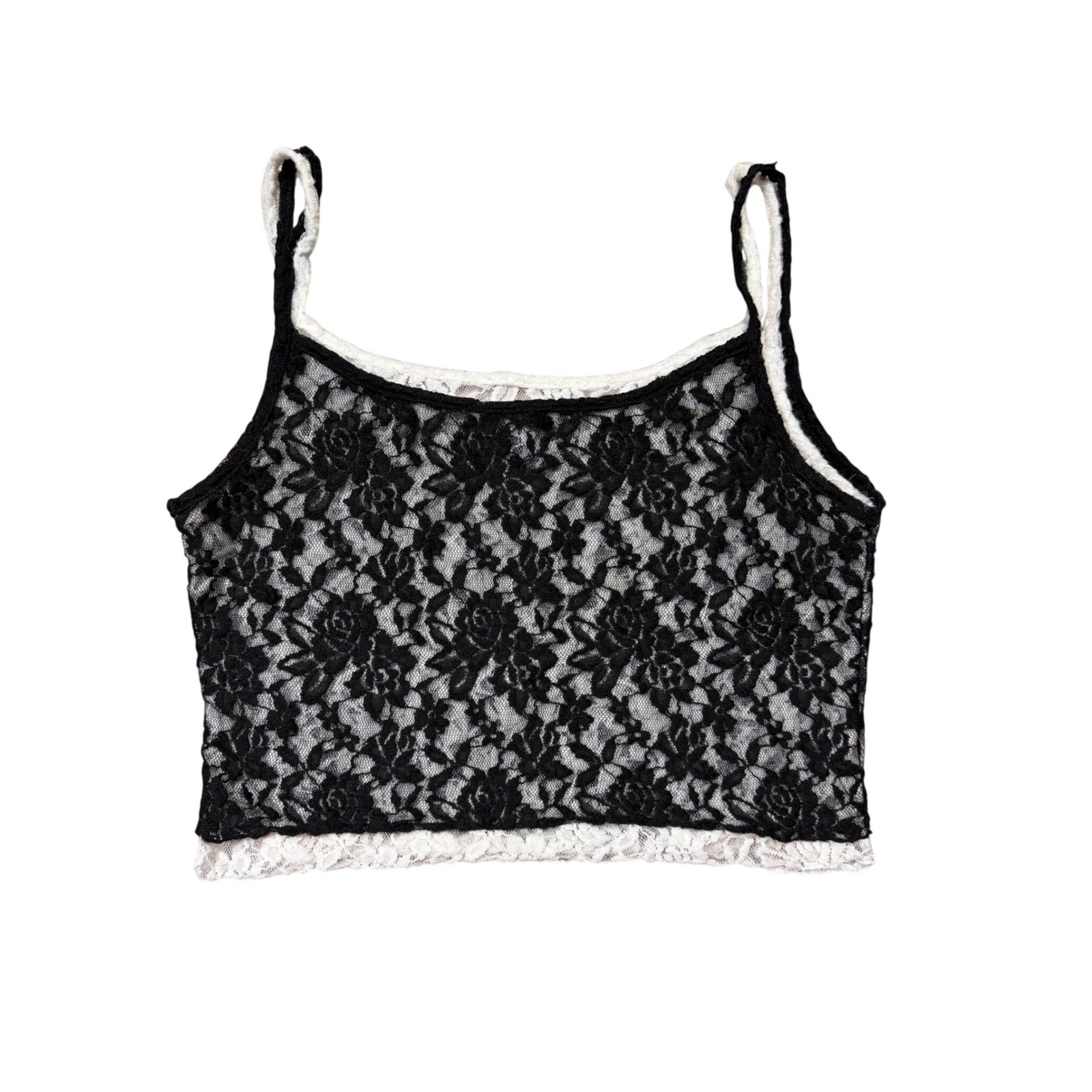 Y2K Just Polly Double Layer Lace Cami Tank XL Black White Sheer Gothic Coquette