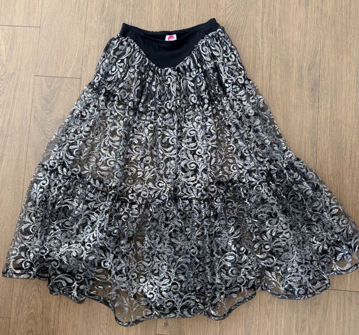 Vintage 80s Betsey Johnson Punk Label Silver Flare Metallic Lace Skirt Grunge US