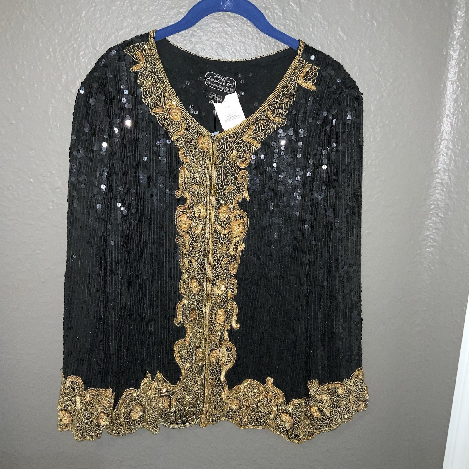 JEAN FOR JOSEPH LE BON Vintage Designer Black / Gold Sequin Beaded Jacket XL NWT