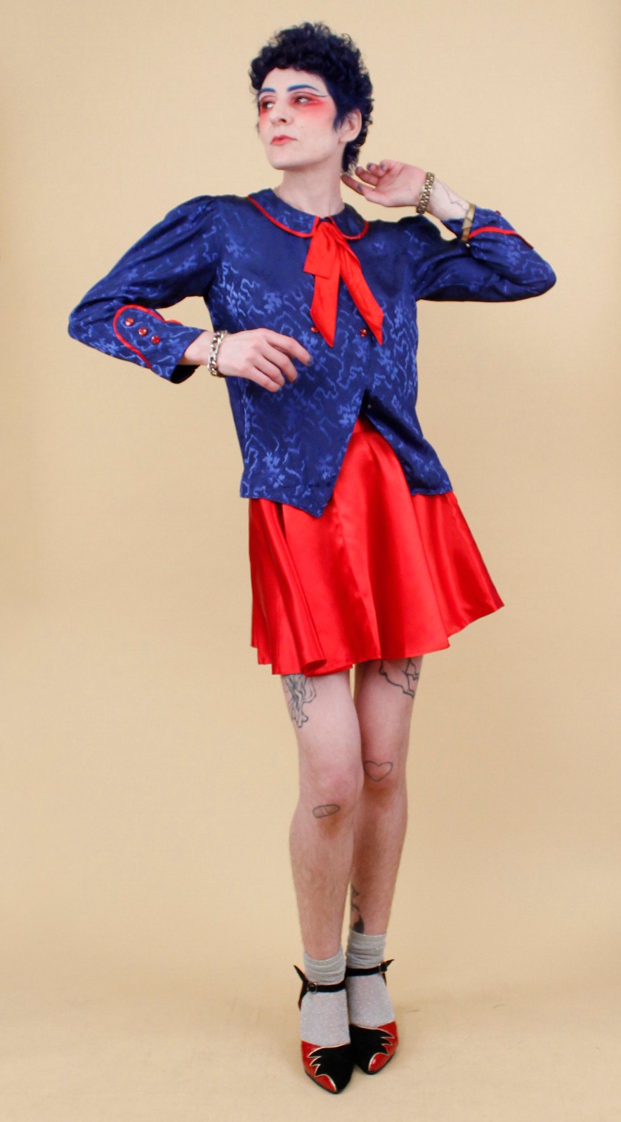 80s Vtg Blue Satin Sailor Moon Style Collar Blouse Shirt Button Up Nautical B34″
