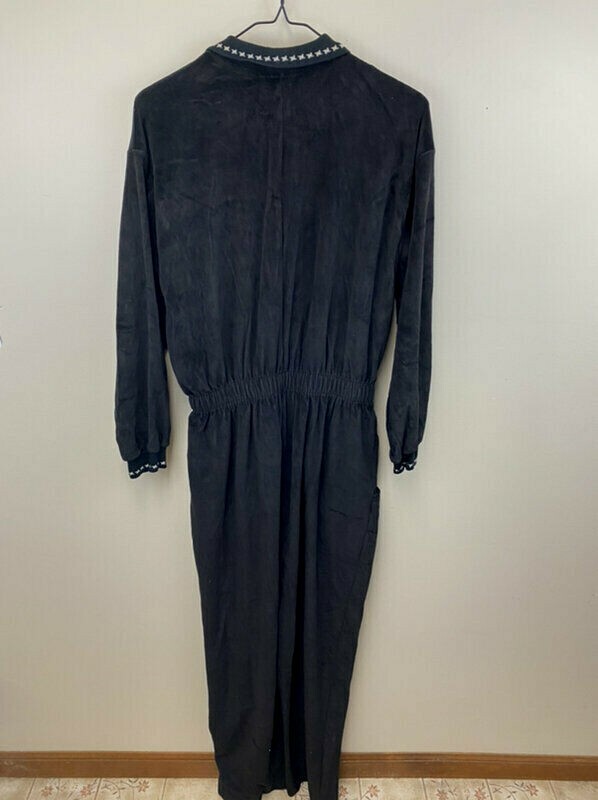Ideas L Vintage Black Velour Jumpsuit Romper Collar Elastic Waist Pockets Snaps