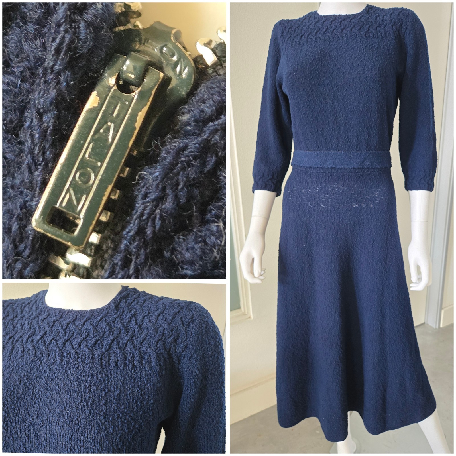 Vintage 30s 1930s Bouclé Crochet Maxi Deco Dress Knit Navy 3/4 Sleeves 40s 1940s
