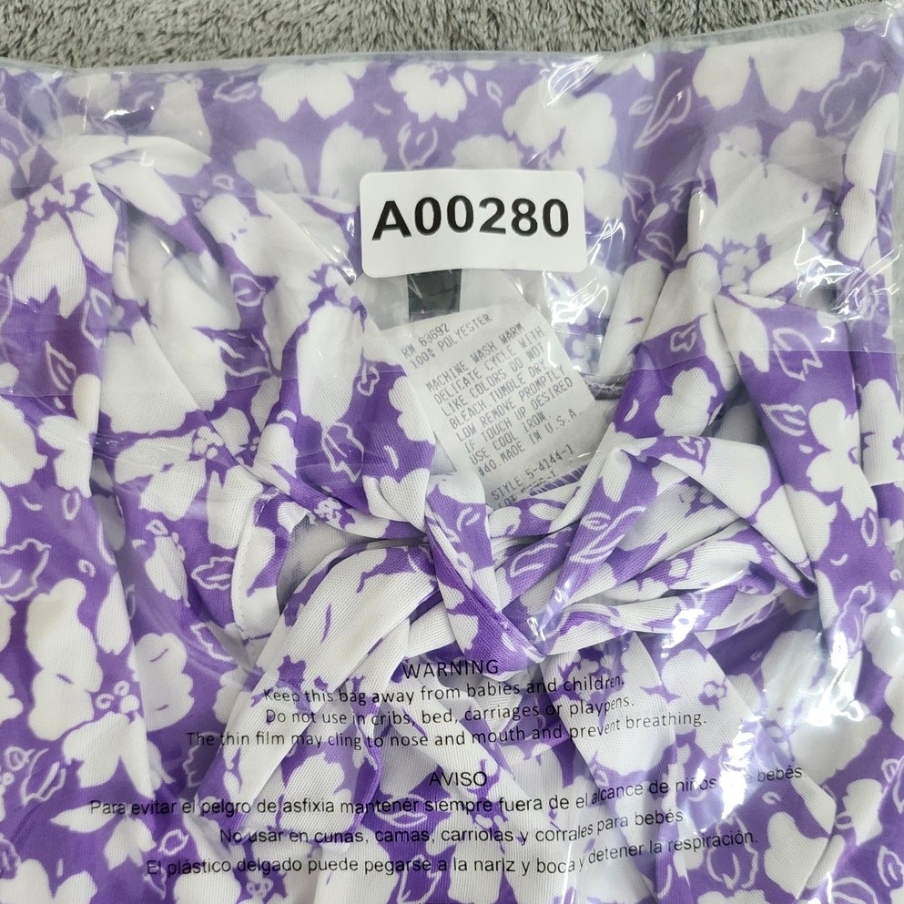 Vintage Adam Jay Fashions Top Womens M Purple White Floral Tie Neck Cap Sleeve