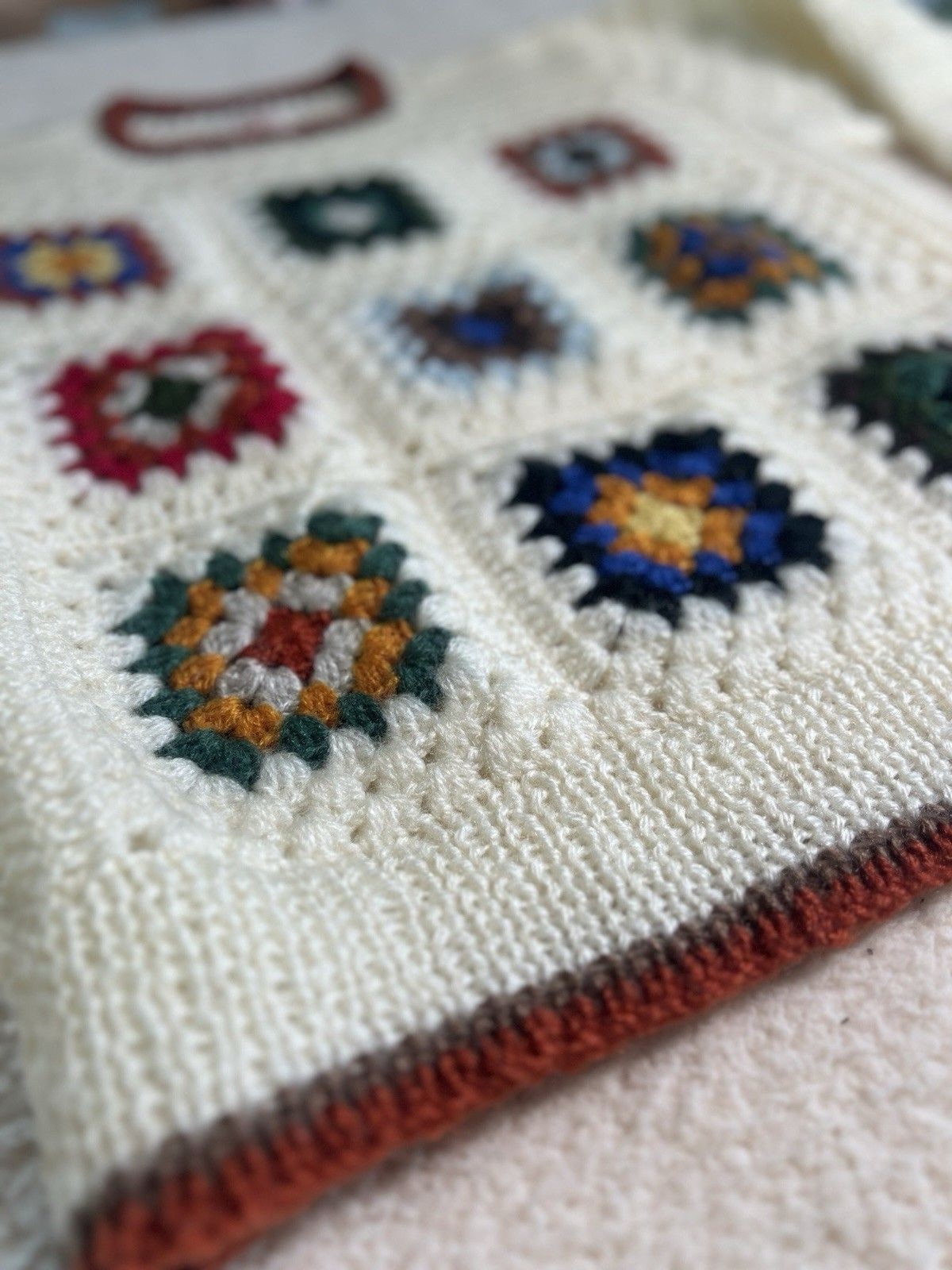 Granny Square 1960s Vintage Sweater Boho Hippie Crochet Knit Korean UNISEX M