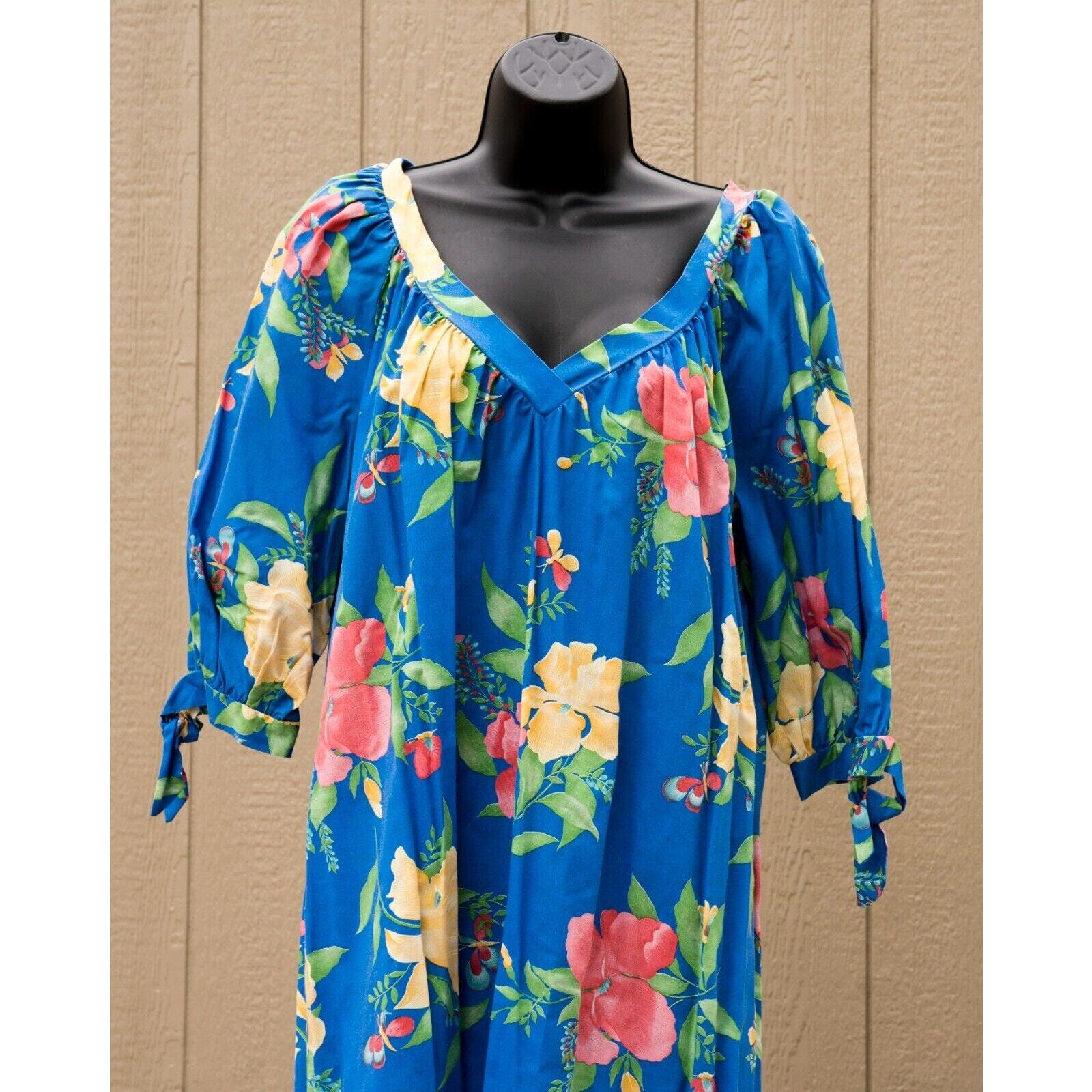 Vtg 70s California Tall Girls Women Dress Blue Floral Tie Sleeve Side Slit
