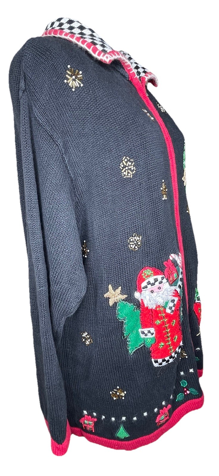 Vintage Christmas Sweater Jacket 1X Santa Embroidered Zip Cardigan Holiday Folk