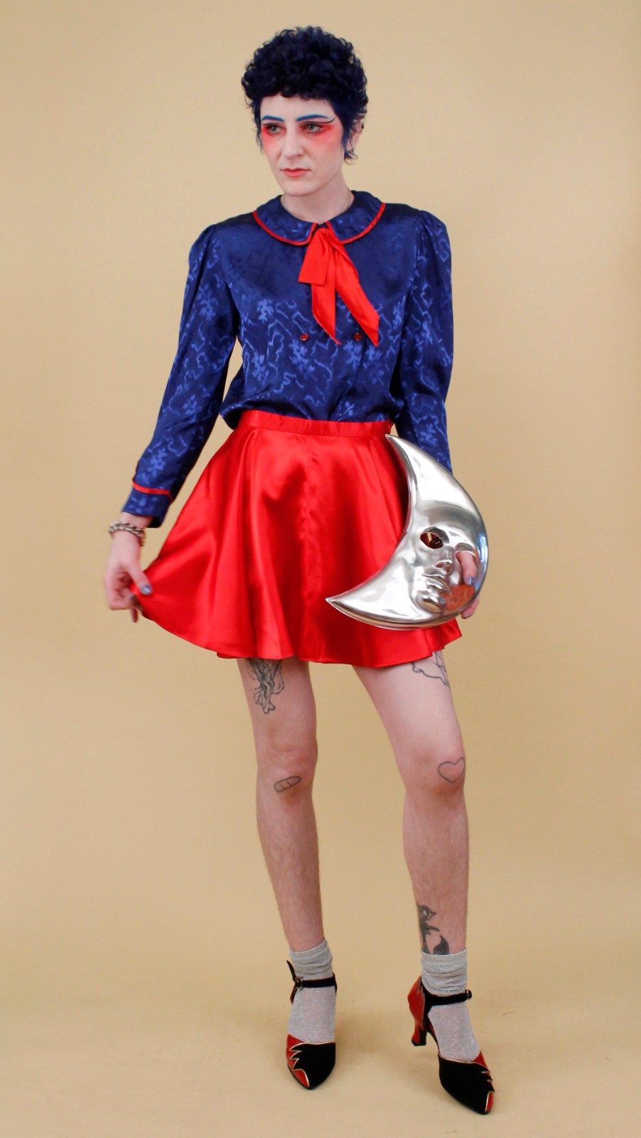 80s Vtg Blue Satin Sailor Moon Style Collar Blouse Shirt Button Up Nautical B34″