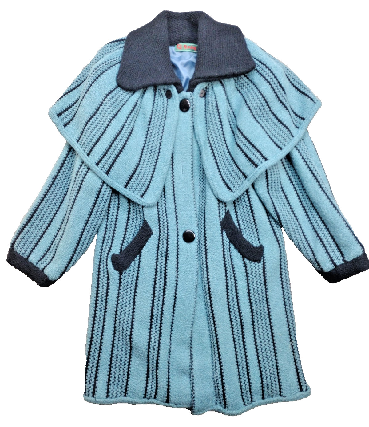 Vintage 1970s Chinese Wool Knit Coat Teal Black Shawl Collar Women’s M