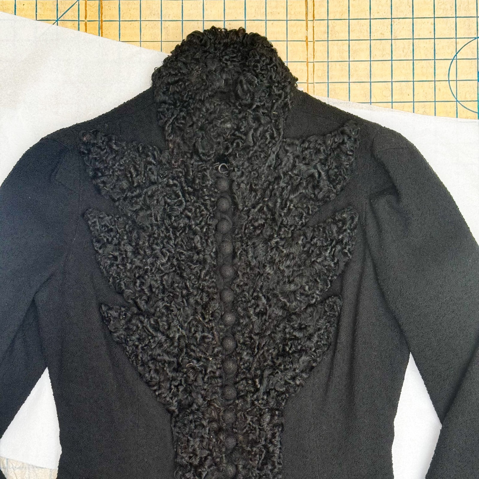 Antique Victorian Mourning Jacket Black Wool Astrakhan Fur High Collar Gothic XS