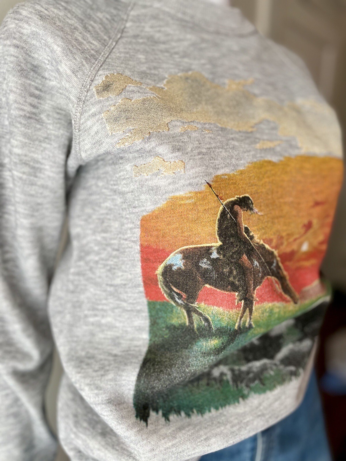 Vintage S 80s Sweatshirt Crewneck Heather Grey Native American Horse EUC