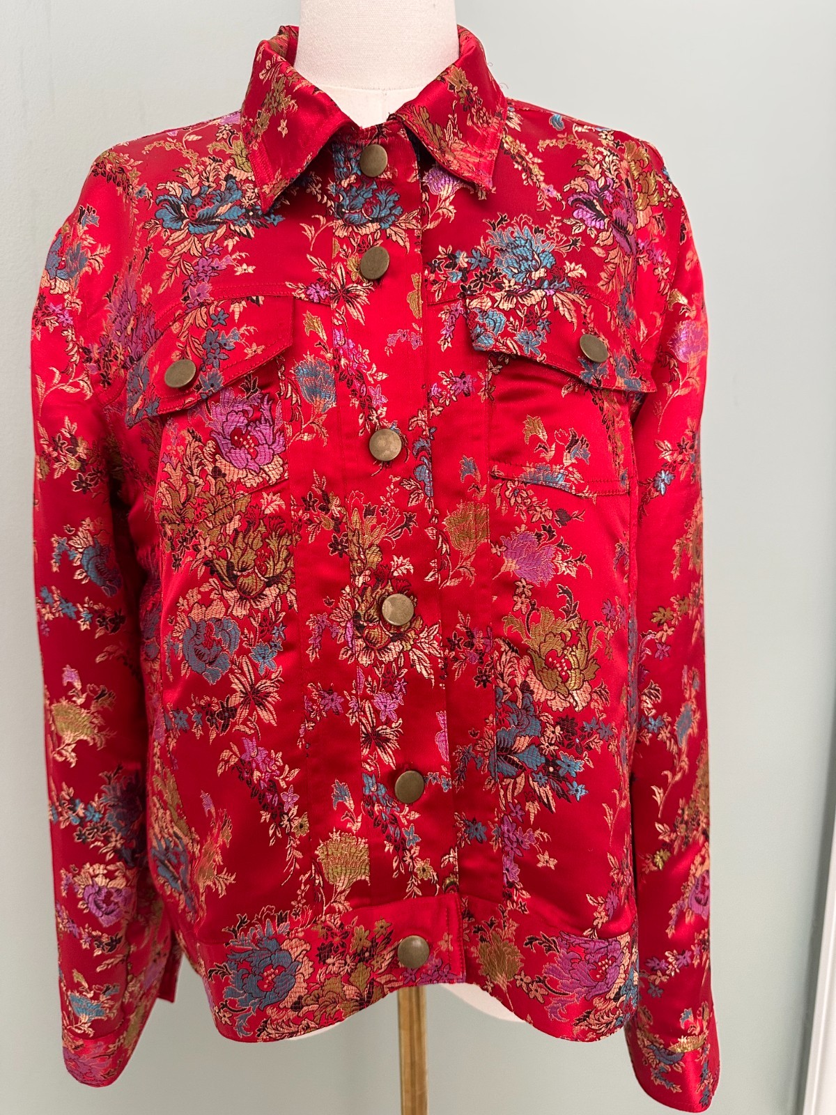 Vintage Spenser Jeremy Satin Red Gold Metallic Floral Art Jacket Women’s Large