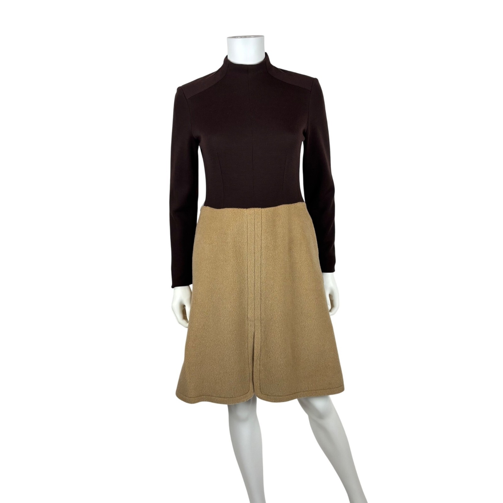 Vintage 60s Mod Dress Womens Small Wool Blend Brown Beige Knee Length Mockneck
