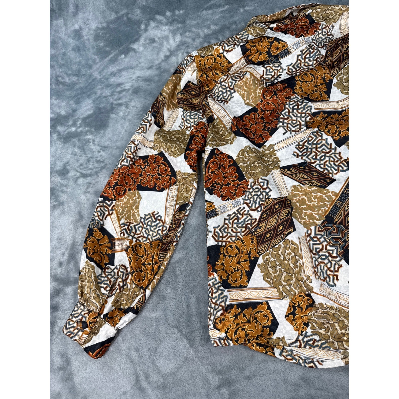 Vintage Notations Petite Baroque Geometric Secretary Blouse Gold Rust Black 8P