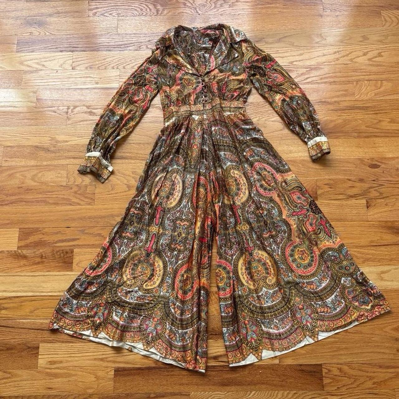 1970s Paisley Bell Bottom Jumpsuit Split Skirt Size S – Hippie Boho Retro 70s