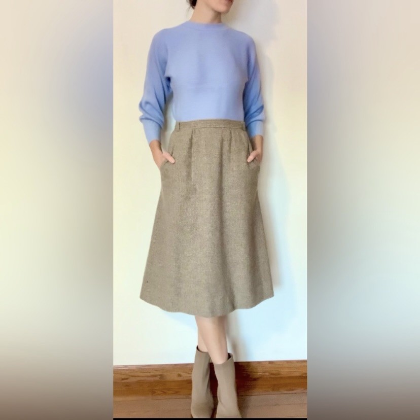 Vintage 1960s Navy Cream & Brown Houndstooth Wool Skirt The Villager Sz 10 Lined