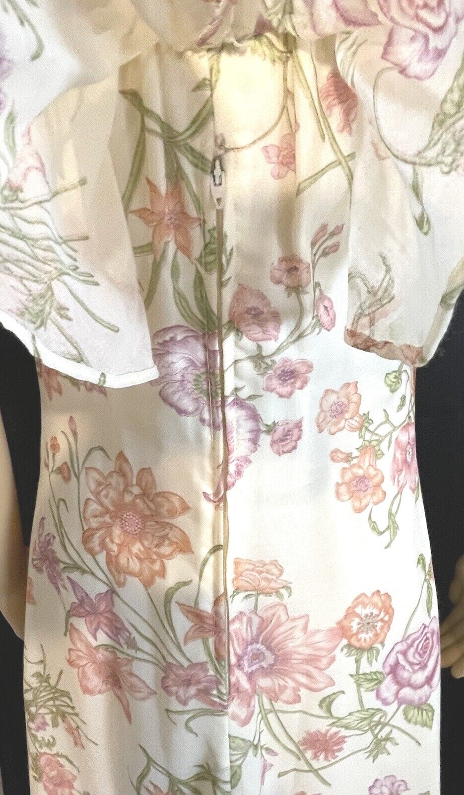 Vintage 1970s Casual Corner 11 Chiffon Pastel Floral Print Senorita Maxi Dress
