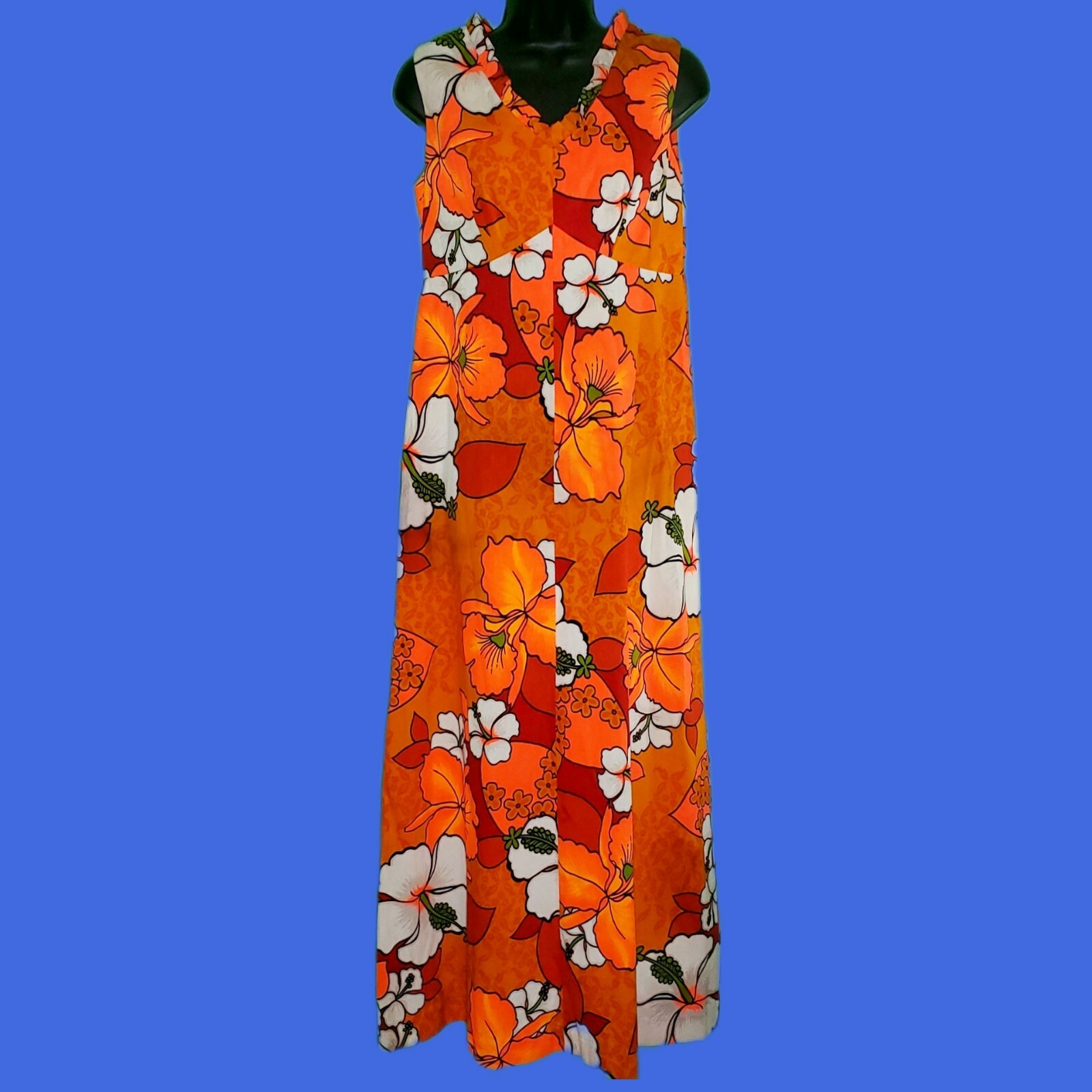 Vintage VTG 1970s HUKILAU FASHIONS Floral Maxi Dress RETRO HIPPIE TROPICAL