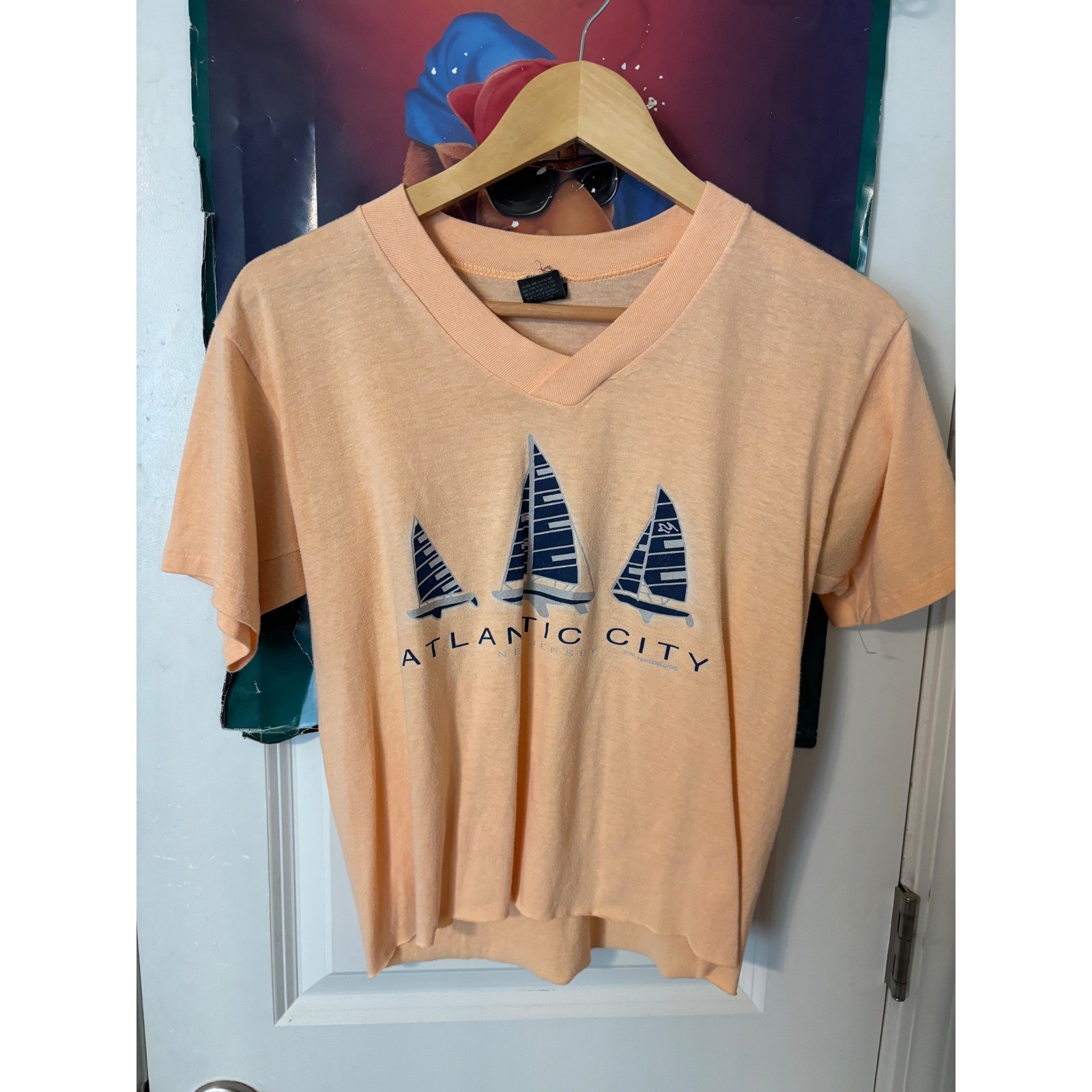 Vintage Atlantic City NJ Sailboat Graphic V-Neck T-Shirt Orange Women Small