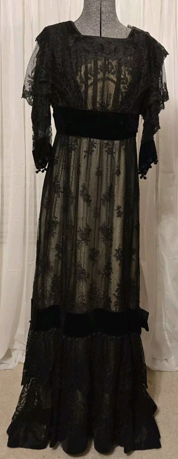 Edwardian Black Chantilly Lace Tassels & Velvet Trim Gown
