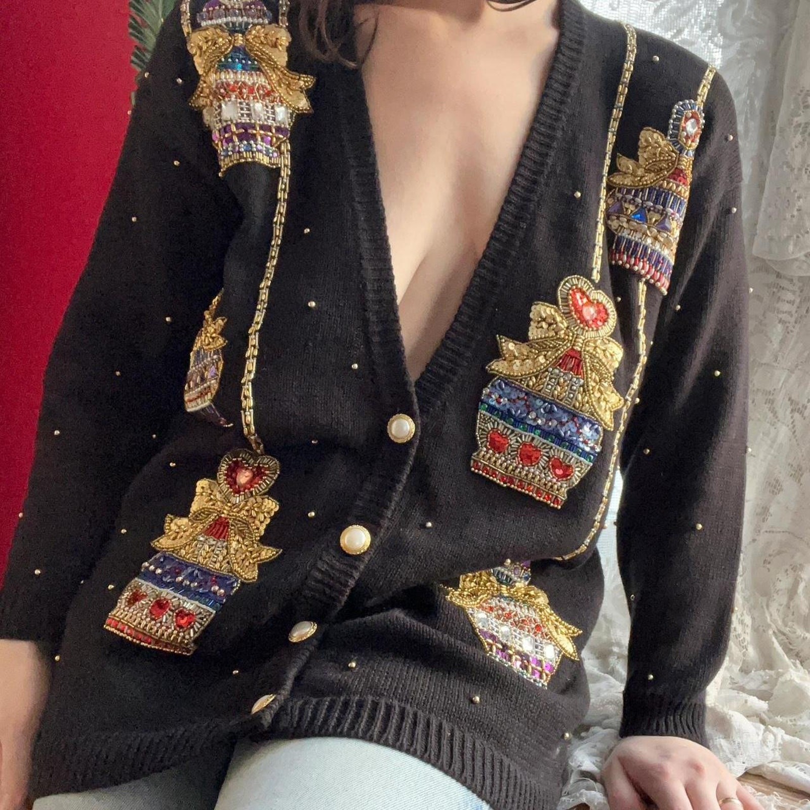 Vintage 1980s Black Cotton Beaded Sequin Hearts & Perfume Bottles Cardigan M/L