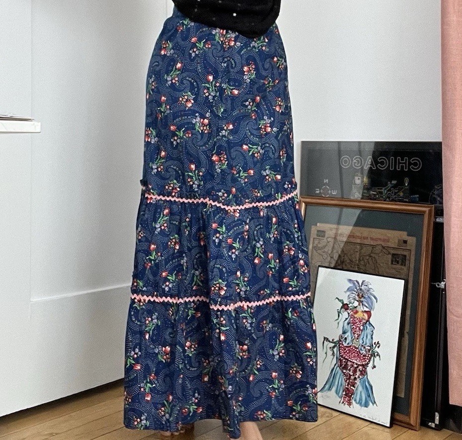 Vintage 70s Maxi Prairie Tiered Blue Floral Skirt Size Small Cottage Core