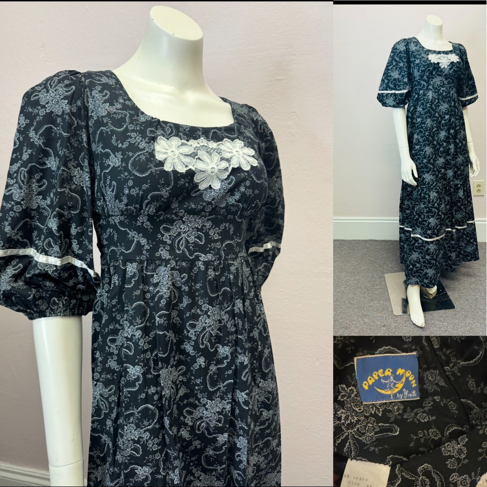 Vintage 70’s paper moon Gunne dress goth black floral prairie maxi 7 fits 9