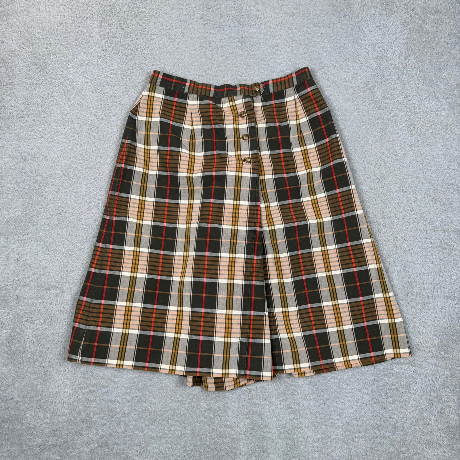 Vintage 70s Bobbie Brooks Plaid Culottes Brown Black Red Button Front Skirt 27