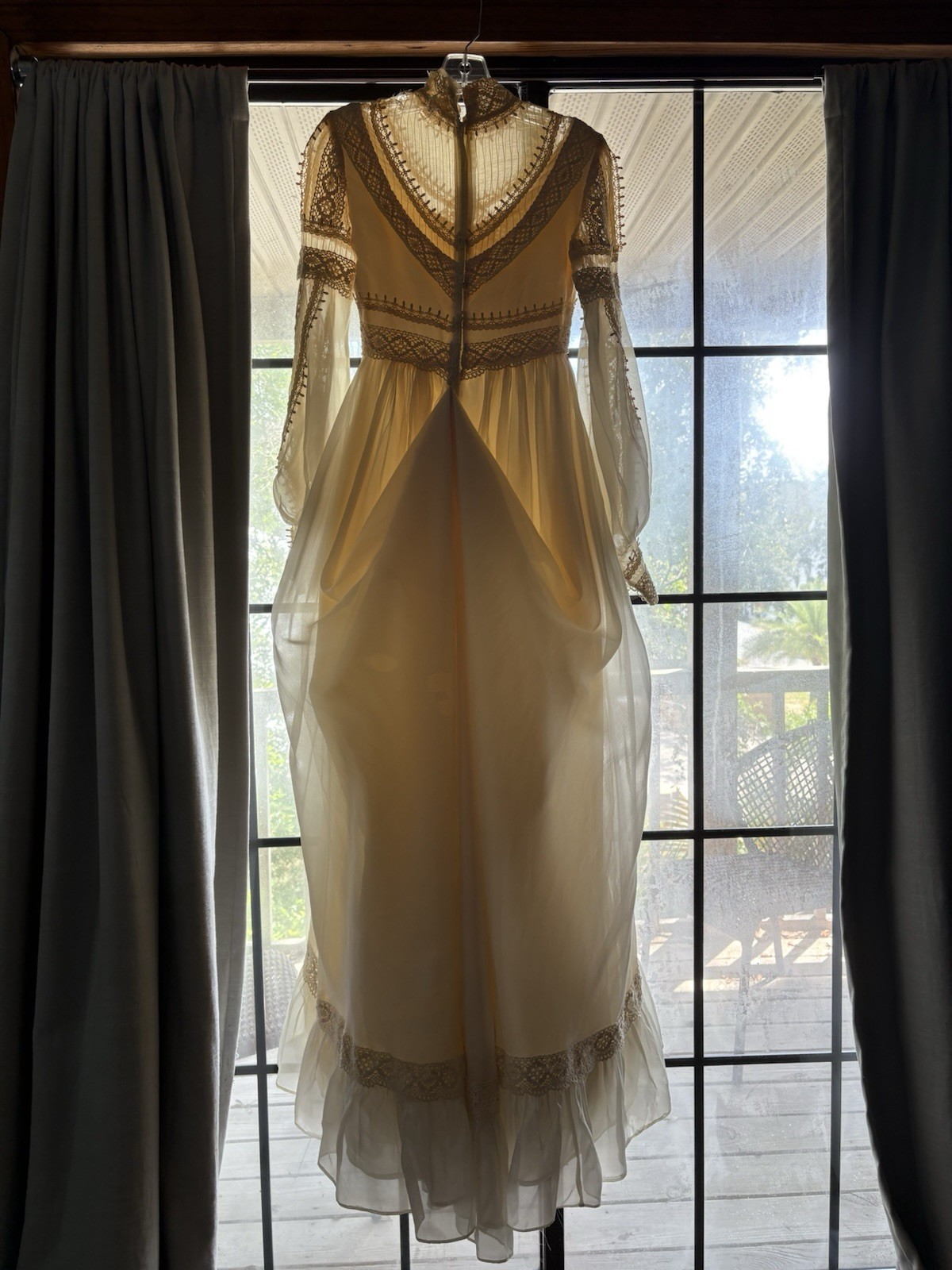 Vintage 70s Victorian Wedding Dress Bustle Crochet Lace Bishop Sleeves Medieval