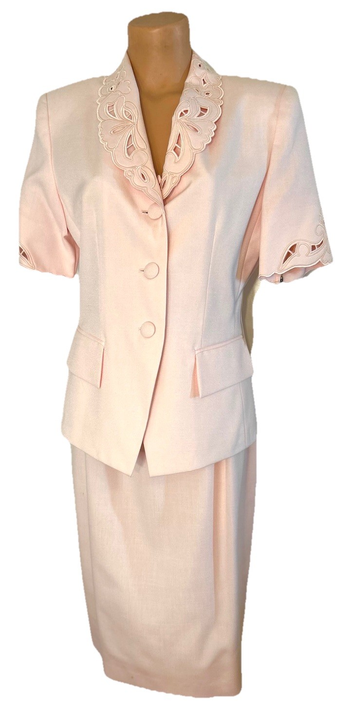 Kasper For ASL Skirt Suit Sz 10 Pink Lined Die Cut Lapel Short Sleeve Vtg Jacket