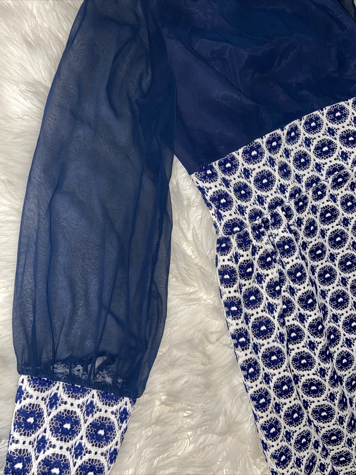Vintage Union Made ILGWU AFL-CIO 1955-1995 Blue/white Sheer Puff Sleeves Size 18