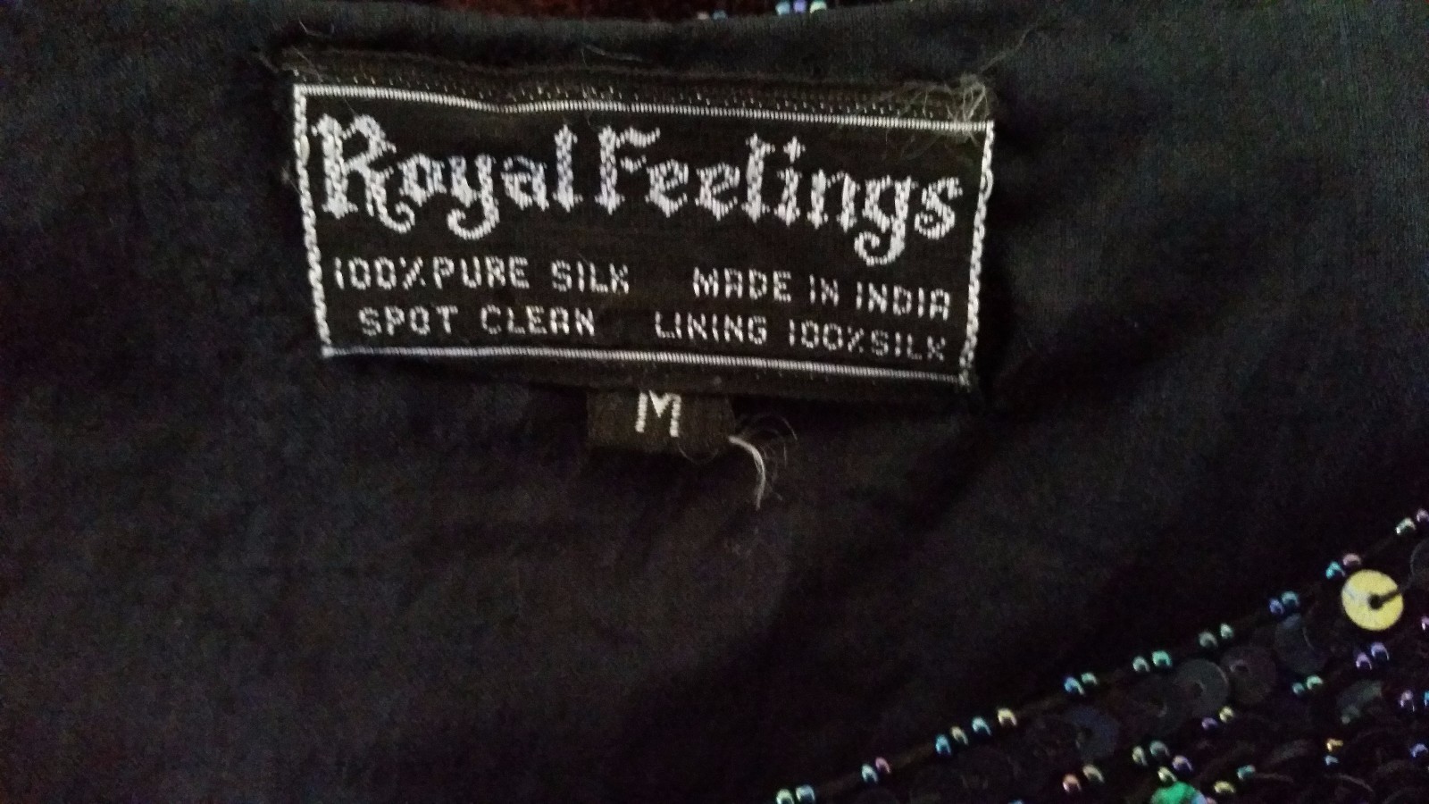 Vintage Royal Feelings Beaded Top Blouse Sheer Sleeves V-Neck 100% Silk Size M